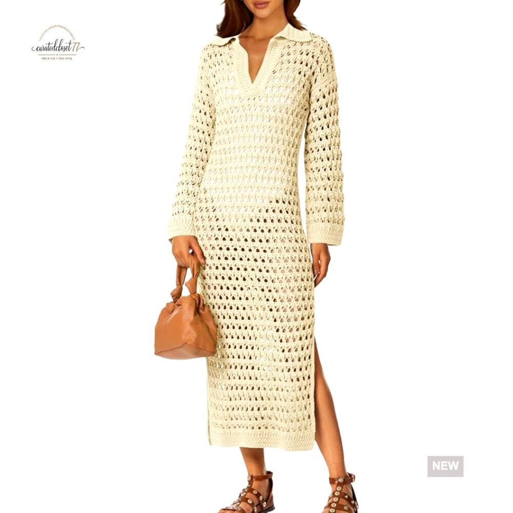 Women's Crochet Mesh Cover Up Long Sleeve V Neck Beach Dress